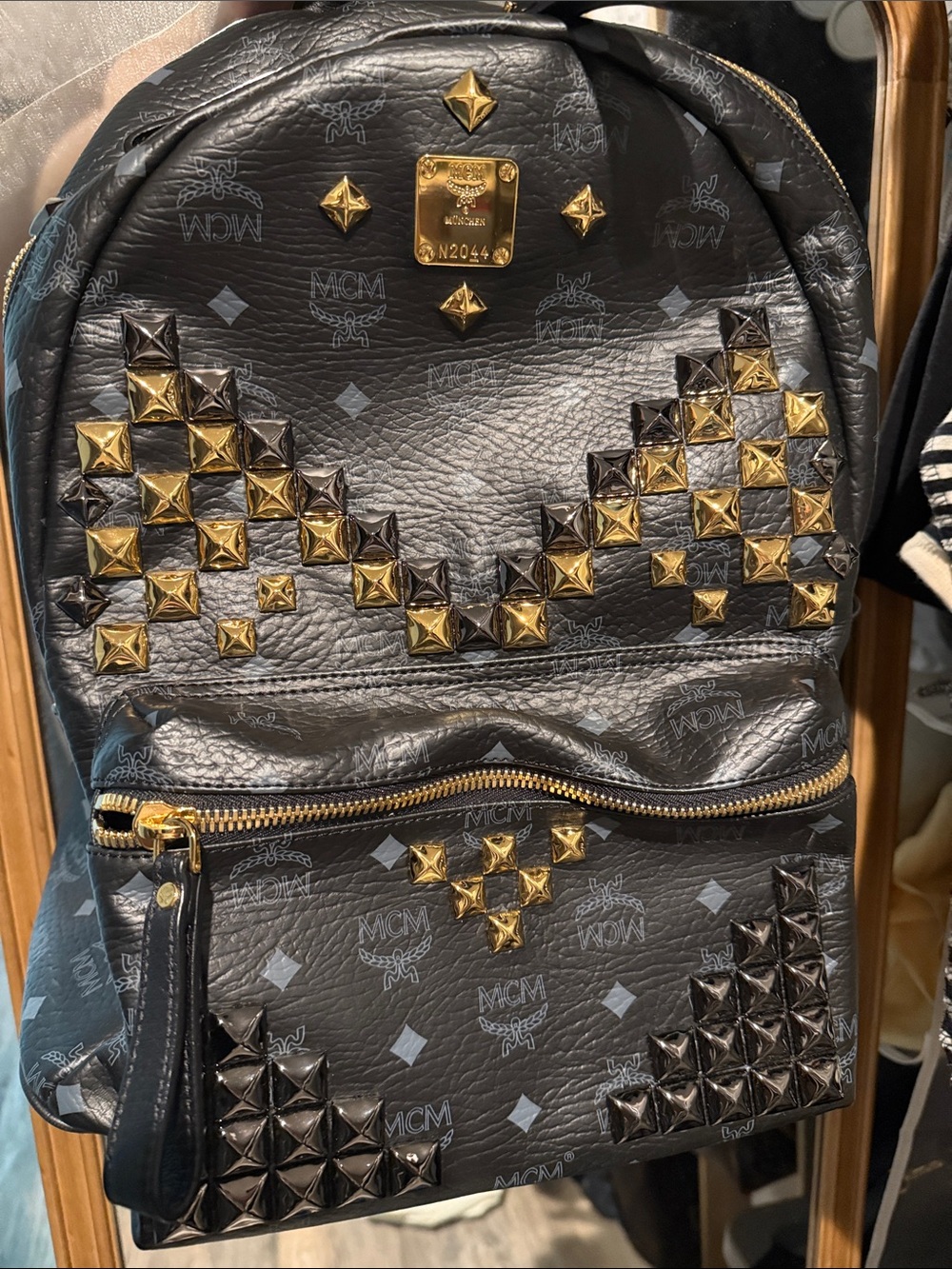 Large MCM Black Leather Studded Backpack with Gold Accents